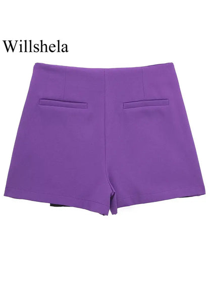 Willshela Women Fashion Solid Asymmetrical Side Zipper Skirts Shorts Vintage High Waist Female Chic Lady Shorts