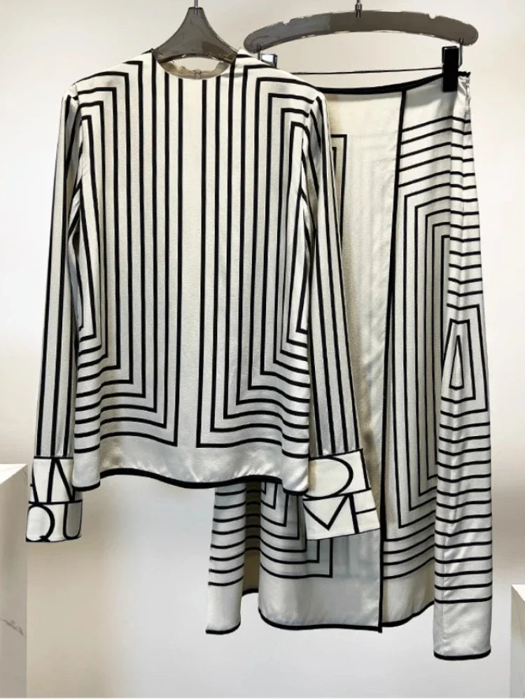 Striped Women Skirt Sets Long Sleeves Casual Fashion O-Neck Blouse Summer Chiffon Zipper Skirt