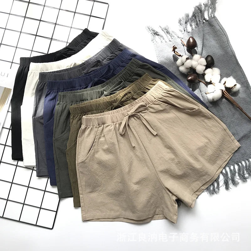 Cotton Linen Shorts Women's Sports Shorts Summer Solid High Waist Black Shorts Women Fashion Casual Basic Short Pants