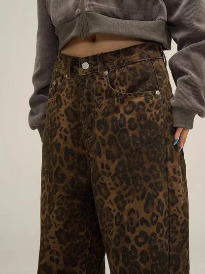 HOUZHOU Tan Leopard Jeans Women Denim Pants Female Oversize Wide Leg Trousers Streetwear Hip Hop Vintage Clothes Loose Casual