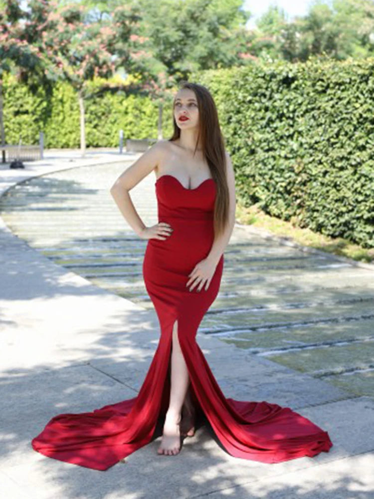 Sexy Strapless Long Black Maxi Dress Front Slit Bare Shoulder Red Women's Evening Summer Night Gown Party Maternity Dresses