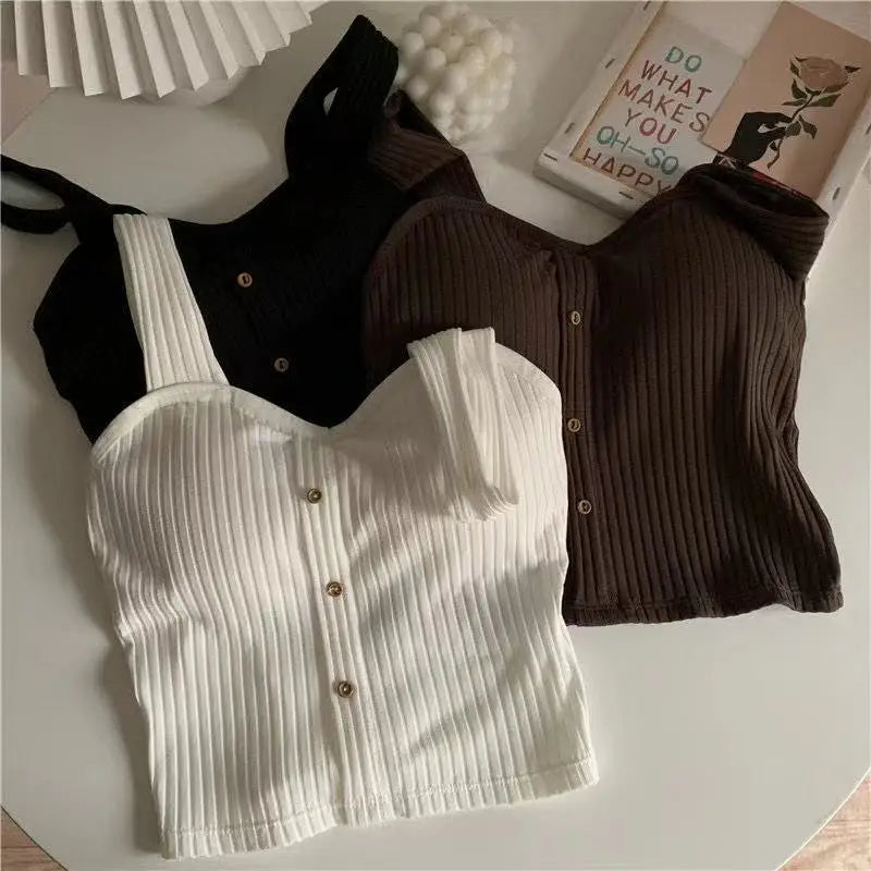 Cute Sleeveless Cropped Tank Top Women's Crop Top Summer 2024 Korean Corset Top Camisole Knit Sexy Slim Vest Bra Tops Female Y2k