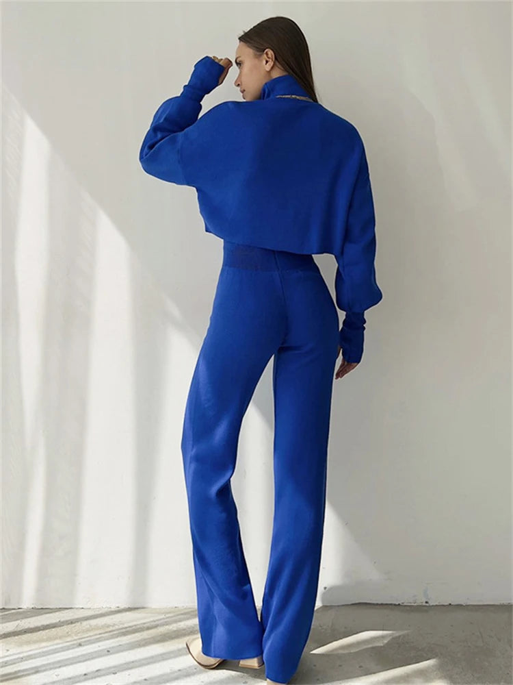 Tossy Turtleneck Two Piece Outfits For Women Lantern Sleeve Cropped Top And Straight Leg Pants Sets Tracksuit Casual Outfits