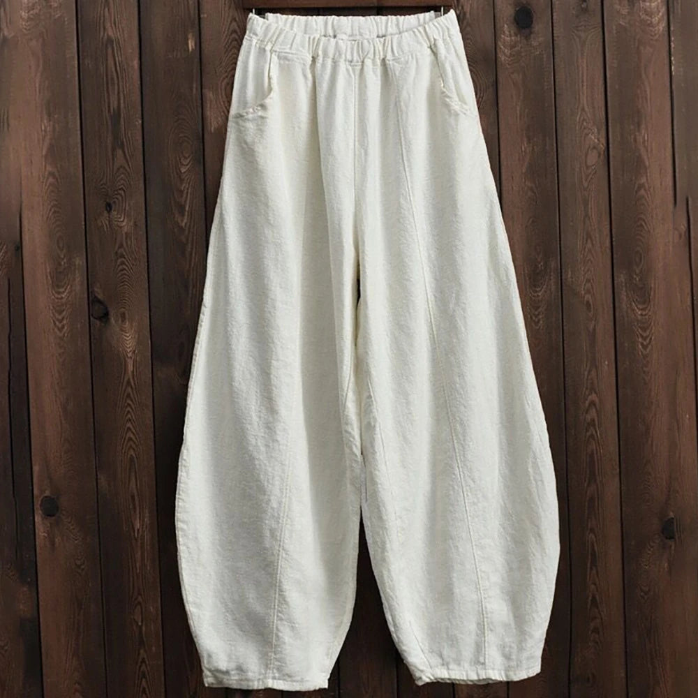 Spring Summer 2023 Cotton Linen Style Bloomers Wide Leg Pants Women Vintage Full Length Elegent Pants Solid Elasitic Waist S-5XL