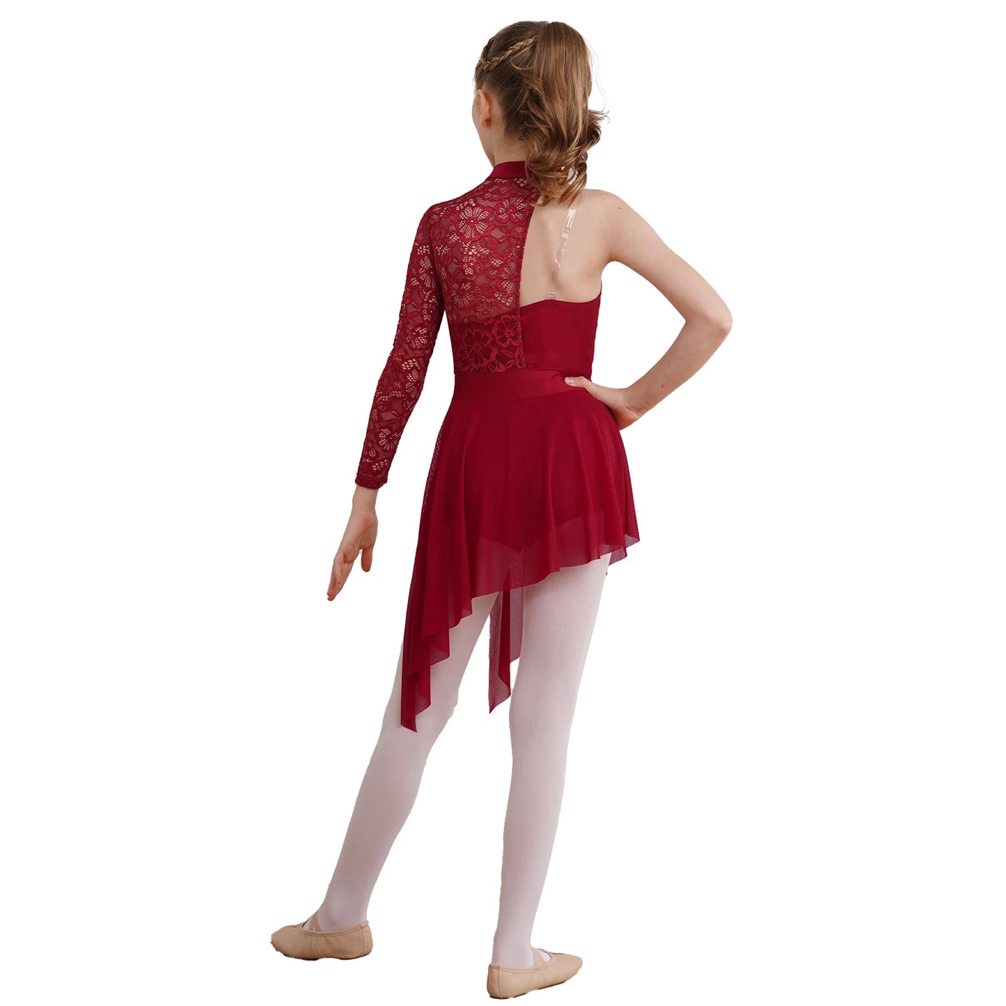 Kids Girl One Shoulder Lyrical Modern Dance Dress Lace Asymmetric Split Ballet Gymnastics Figure Skating Leotard Dress Dancewear