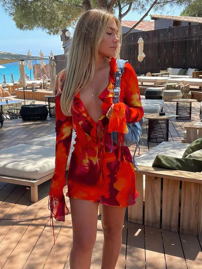 2024 Fashion Y2K Style Tie Dye Sexy Deep V Neck Ruffle Mini Dress Summer Women Outfits Dresses With Long Sleeves Vestidos A2565