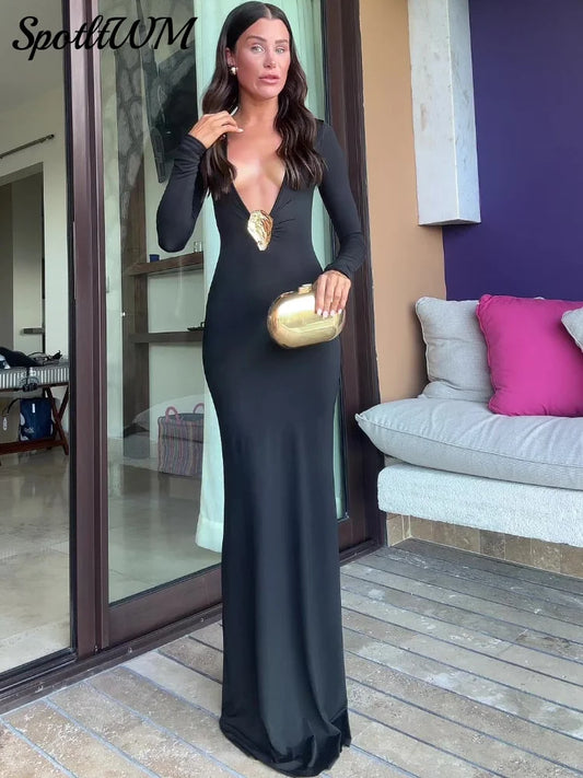 Sexy Black Deep V Neck Long Sleeve Floor-length Dress Chic Golden Metal Decor Wrap Hip Dresses Spring Women Evening Party Robes