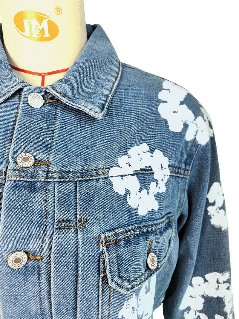 Floral Print Denim Jackets Women Fashion Casual Turn Down Collar Long Sleeve Single Breated Jeans Coat Streetwear Tops Outwear