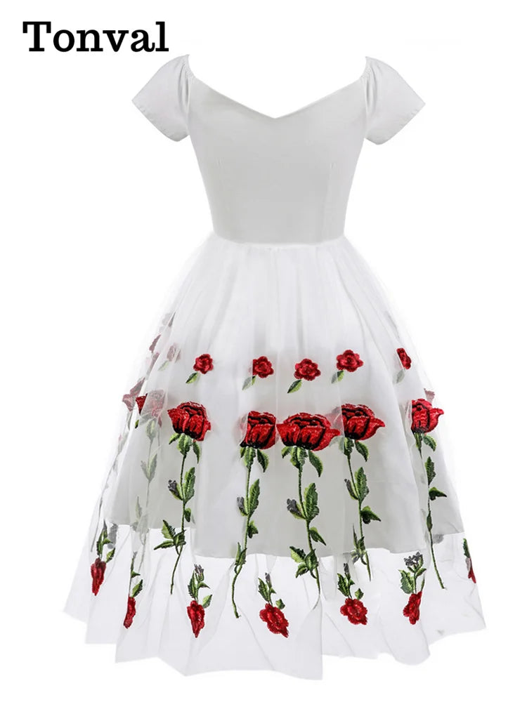 Tonval Rose Floral Embroidered V-Neck Elegant Party Dress Pleated Mesh Overlay Women Short Sleeve Vintage Summer Dresses