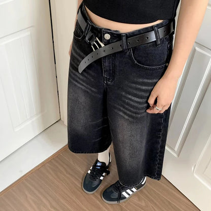 Women Black Y2k Style Baggy Denim Shorts Wide Leg Short Pants Fashion High Waisted Dark Wash Knee Length Jeans Female Casual