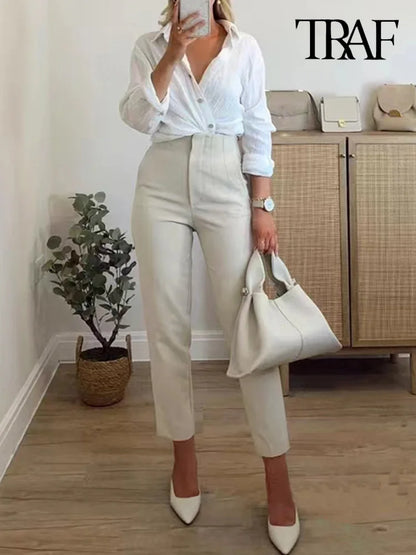 TRAF Women Fashion With Pockets Casual Basic Solid Pants Vintage High Waist Zipper Fly Female Ankle Trousers Pantalones Mujer