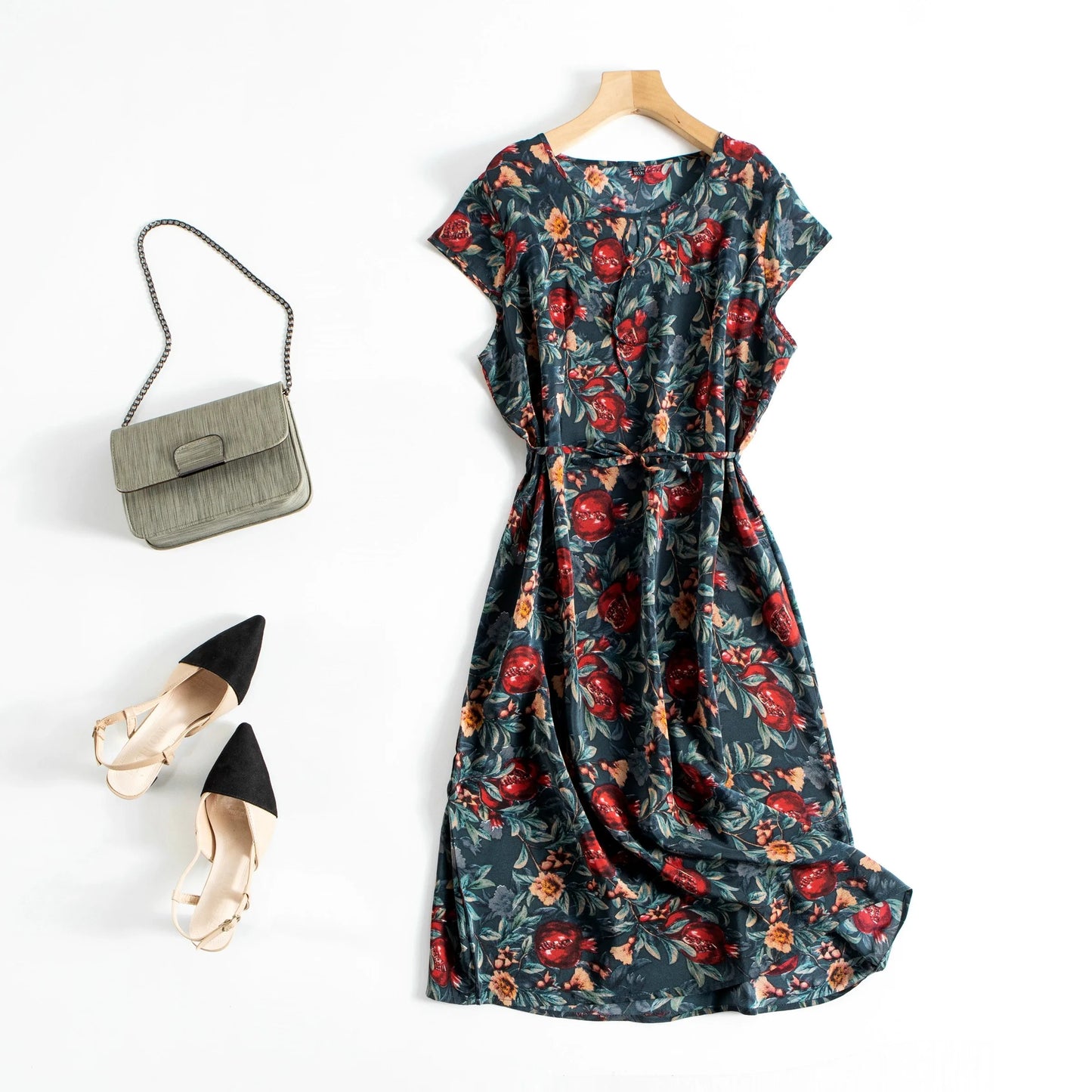 Benefits! Crepe de chine mulberry silk dress floral straight mid-length dress for women summer