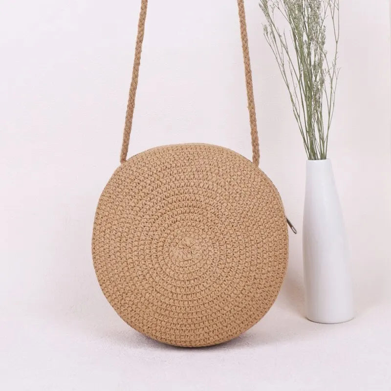 Minimalist Straw Bag Round Crossbody Purse Women Shoulder Vocation Style Handbag