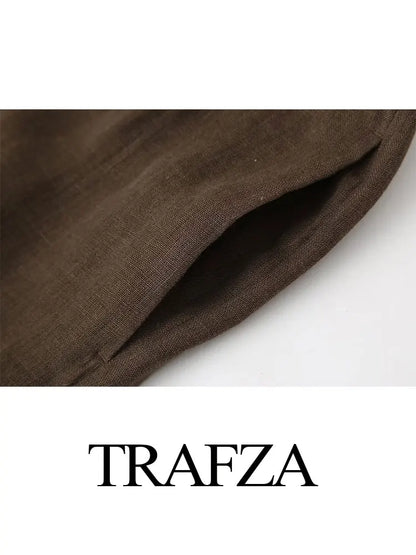 TRAFZA 2024 Spring Trousers For Women Fashion Linen Brown Loose Long Pants Female Vintage Versatile Women's Wide Leg Pant