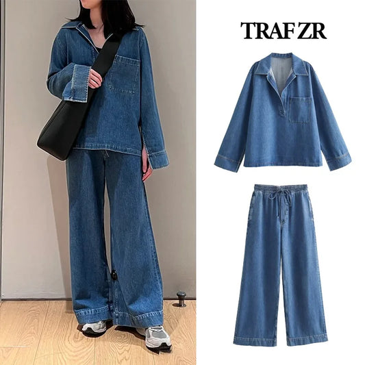 TRAF ZR Demin Sets for Women 2 Pieces Groups of Pant Denim Jeans New in Matching Sets 2024 Y2k Women's Fashion Suits Pants Sets