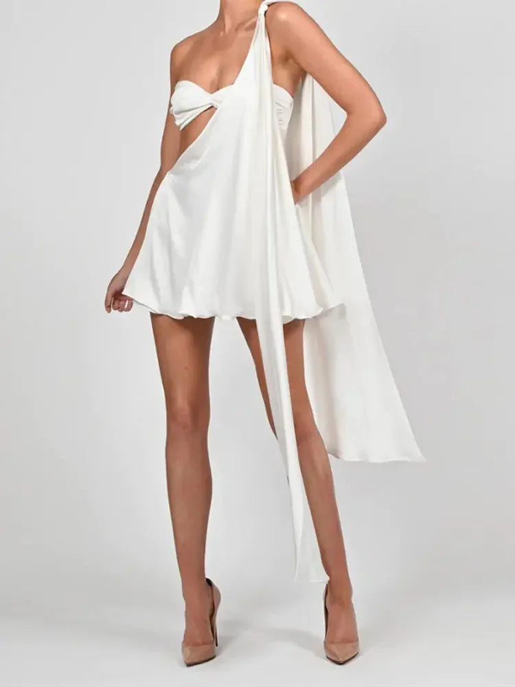 White Satin Single Shoulder Mini Dress With Strapless Vest Women Elegant Cut Out Backless Robe Sexy Fashion Lady Date Cover-ups