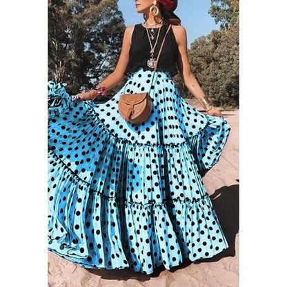 Bohemian Maxi Skirts For Women High Waist Polka Dot Printed Skirt Loose Ruffled Long Pleated Skirts Elegant Female Streetwear