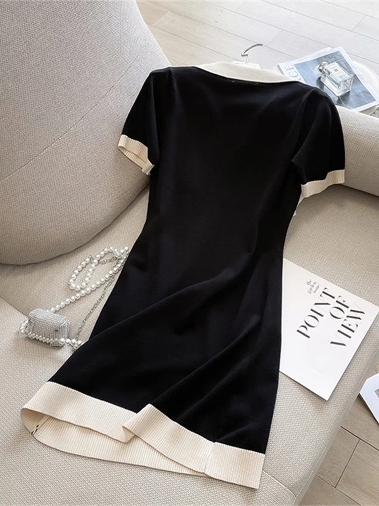 POLO Collar Short-sleeved Knitted Black Dress Summer New Hit Color Straight Loose V-neck T-shirt Short Skirt Base Layer Shirt