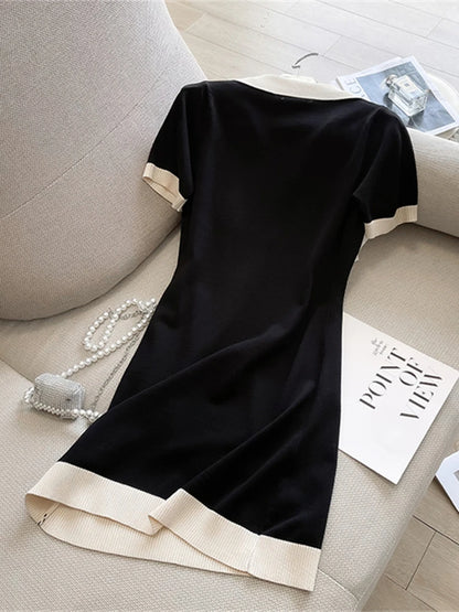 POLO Collar Short-sleeved Knitted Black Dress Summer New Hit Color Straight Loose V-neck T-shirt Short Skirt Base Layer Shirt