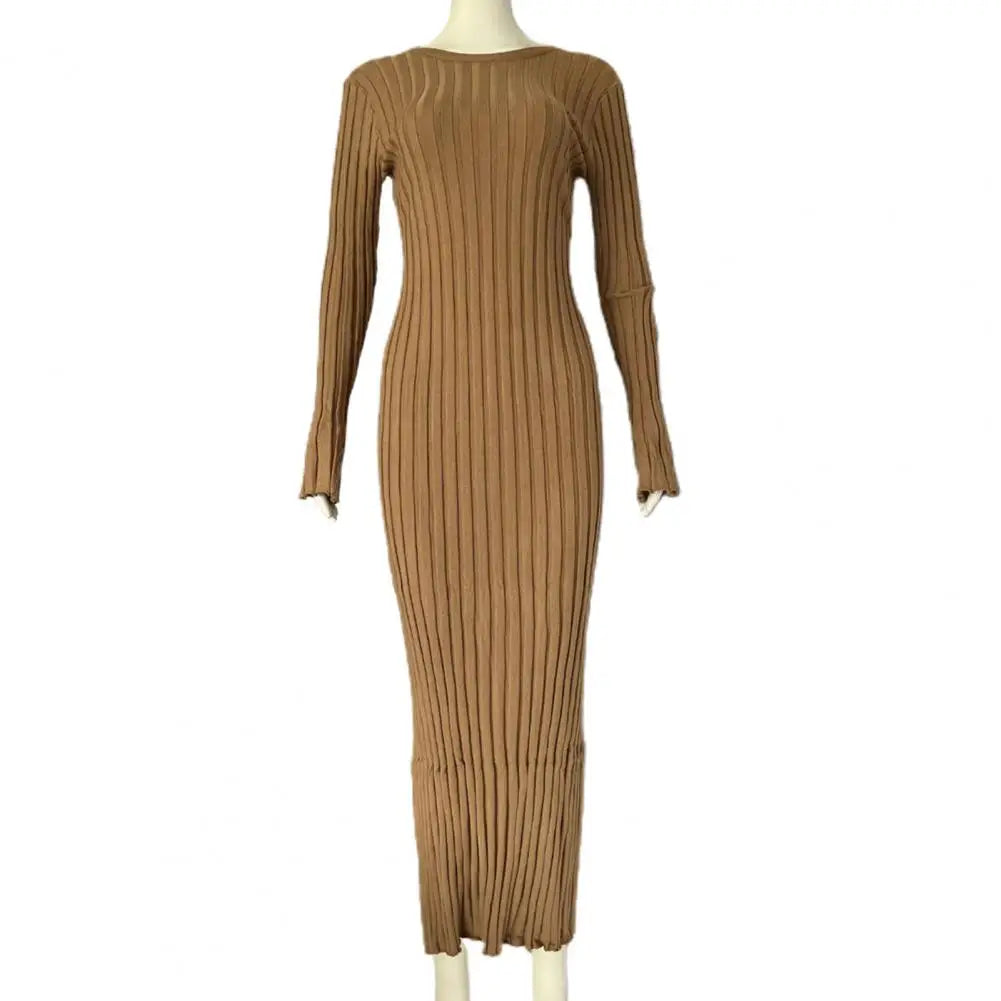 Women Knitting Dress Solid Color  O-neck Long Sleeve Waist Tight Maxi Dresses Ribbed Slim Fit Long Dress S-L