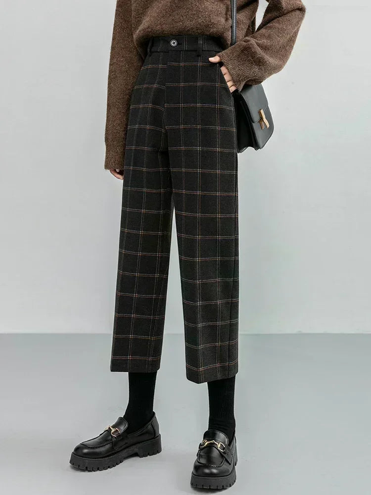 Seoulish 2023 New Autumn Winter Woolen Plaid Women Formal Straight Pants High Waist Ankle-Length Chic Loose Ladies Pants Pocket