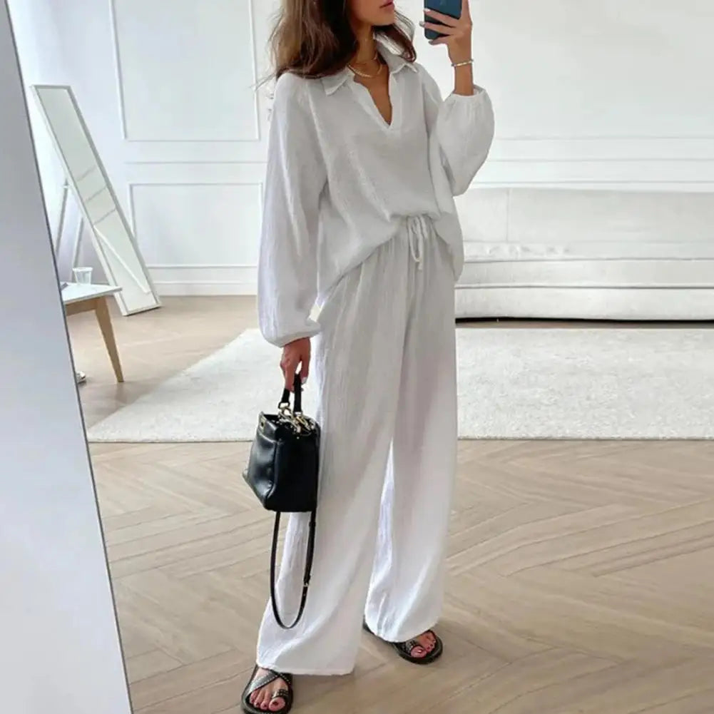 Summer New Elegant Women's Casual Loose Set Women's Long Sleeved Top+Drawstring Pants Set T-shirt Trousers Set