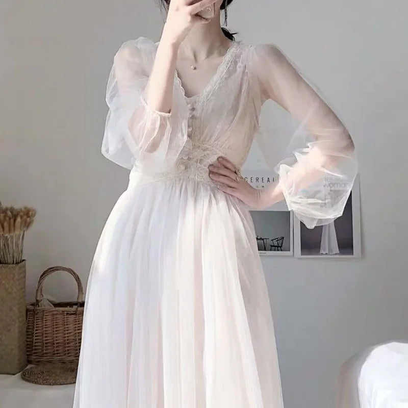 Dress Women 2023 Spring Wedding Midi Dresses Elegant A-Line Vestidos Solid Puff Sleeve V-Neck Ladies Lace Dress Mesh 8126 50