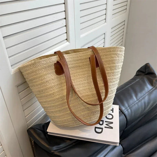 beach bag : Women Braided Basket Clutches Top-handle Bag Large Straw Portable Shoulder Bag Summer Beach Party Purses Shopper Satchel Female