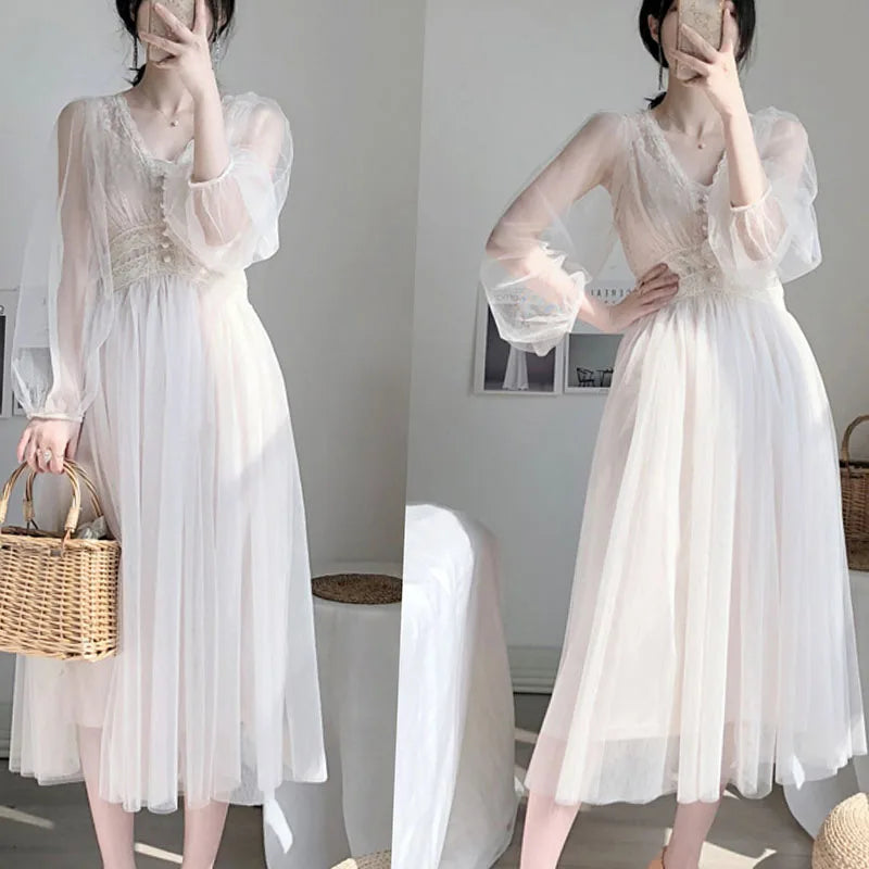 Dress Women 2023 Spring Wedding Midi Dresses Elegant A-Line Vestidos Solid Puff Sleeve V-Neck Ladies Lace Dress Mesh 8126 50