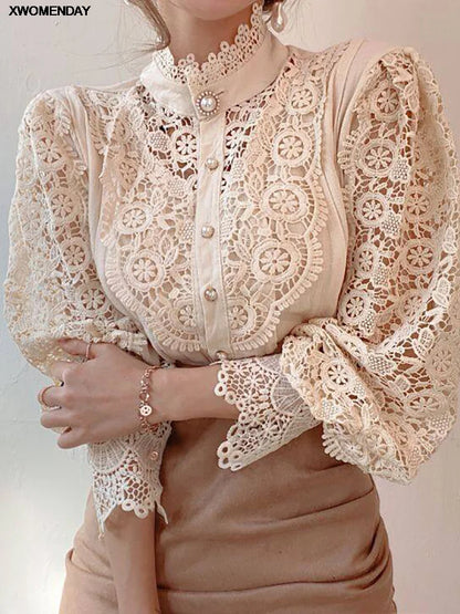 Women Chiffon Button Turtleneck Shirt Chic Elegant Floral Lace Fluffy Long Sleeve Top Fashion Hollow Oversize White Blouse 2024