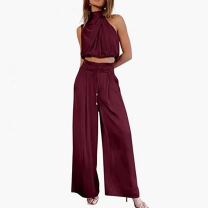 Women Cro Top Pants Set Sleeveless High Collar Pleated Short Top Drawstring High Waist Wide Leg Loose Trousers Set