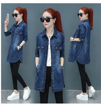 2024 New Autumn Winter Korean Denim Jacket Women Slim Long Base Coat Women's Frayed Navy Blue Casual Female Jeans Jackets Coats