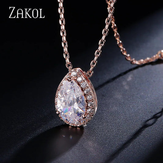 ZAKOL Trendy Water Drop CZ Zircon Chain Pendant Necklaces Sparkling Teardrop Zirconia Crystal Wedding Jewelry for Women NP008