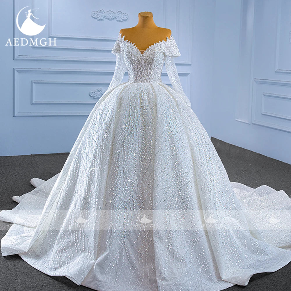 Aedmgh Ball Gown Luxury Wedding Dresses 2024 Sweetheart Off The Shoulder Long Sleeve Vestido De Novia Lace Sequined Bride Dress