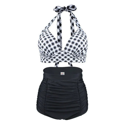 Plus Size Women Halter Top Bikini Set High Waist Push Up Swimsuit Plaid Vintage Sexy Beach Bathing Suit Swim Wear Retro XXL XXXL