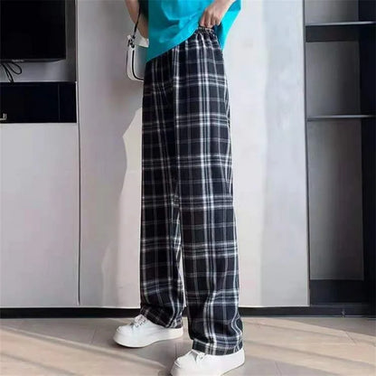 Ladies Plaid Pants Summer Ultra Thin Breathable High Waist Straight Loose Pants Harajuku Hip Hop Street Casual Pants