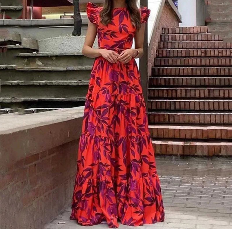 Womens Dresses 2024 Spring New Fashion Printed Temperament Flying Sleeves High Waist Casual Long Dress