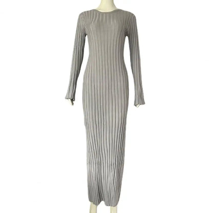 Women Knitting Dress Solid Color  O-neck Long Sleeve Waist Tight Maxi Dresses Ribbed Slim Fit Long Dress S-L