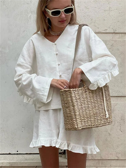 Tossy Ruffled Casual Outfits For Women High Waist Long Sleeve Shorts Two Piece Solid Knee Length Baggy Female Nightwear Outfits