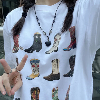 Boot Western T-Shirt Women Summer Loose Vintage Boho Texas T Shirt Cowgirl Cowboy Cute Graphic Tees Hippie Tshirts Retro