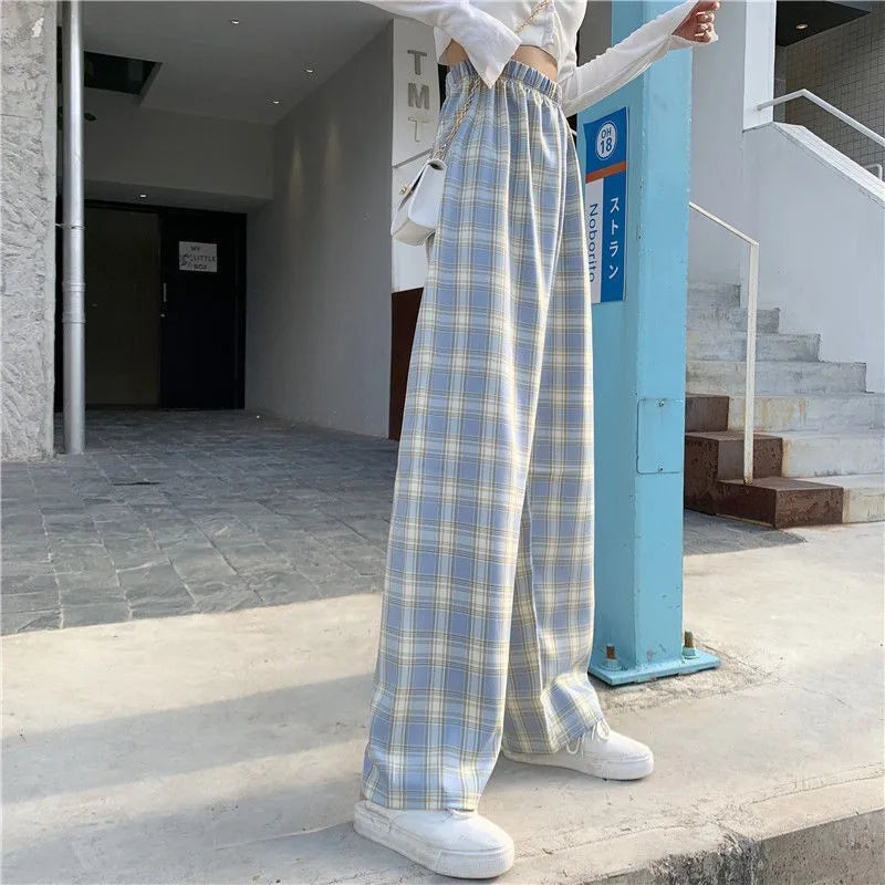 Ladies Plaid Pants Summer Ultra Thin Breathable High Waist Straight Loose Pants Harajuku Hip Hop Street Casual Pants