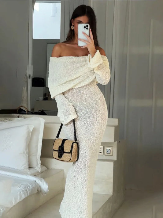 Tossy Knit Hollow Out Off-Shoulder Maxi Dress Female Cover up Loose Long Sleeve Holiday Beach Party Dress Women Knitwear Dress