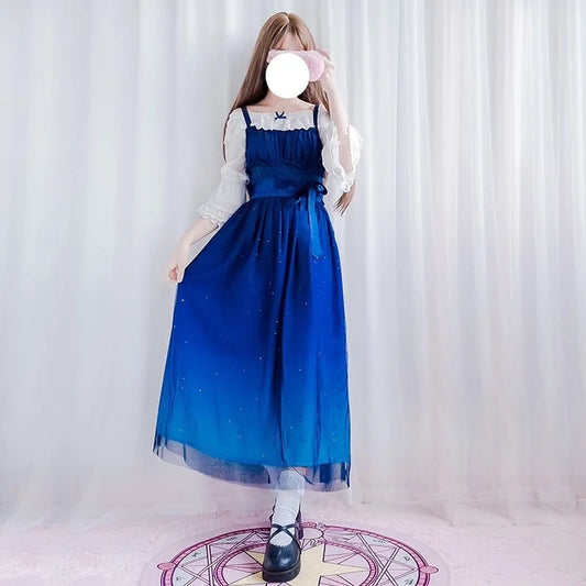 Grace Sweet Lolita Midi Sling Dress Gradient JSK Star Blue Girls Fancy Lace Ruched Pleated Dress Blouse Shirt 2 PCS For Women