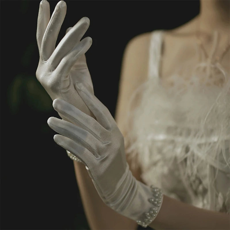 Wedding Bridal Satin Short Gloves Pearl Beaded  Prom Mittens