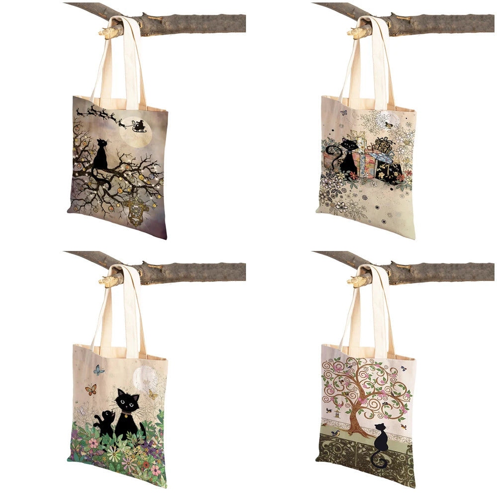 Both Sided Cute Elegant Black Cat Women Shopper Bags Tote Handbag Pet Animal Print Canvas Cloth Lady Shopping Shoulder Bag