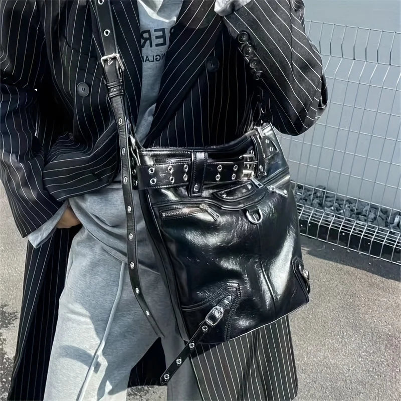 High Street Vintage Handbag Women New Rivet Large Capacity Casual Crossbody Bags Ladies Moto Biker Black Messenger Bag