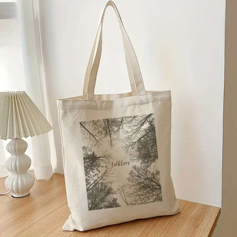 Plant Graphic Canvas Shopping Bag, Folklore Print Portable Shoulder Bag, Taylor Merch Fashion Large  Tote Bag for Daily Life