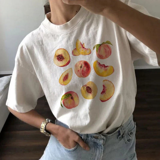 Vintage Peaches Printed Graphic Tees Women Cute Cottagecore Aesthetic T-Shirts Short Sleeve Female Retro Grunge Tops Clothes