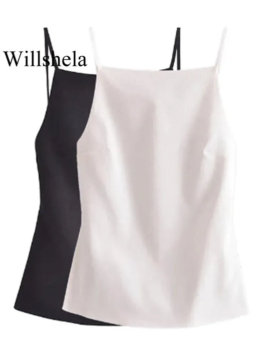 Willshela Women Fashion Solid Lace Up Backless Camisole Vintage Thin Straps Square Collar Female Chic Lady Tops