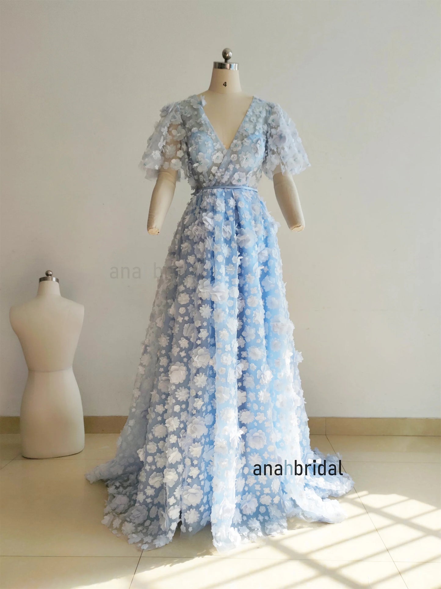 Sky Blue Floral Lace Wedding Dress / Deep V Neckline Anniversary Party Dresses/Prom DressCustom Sizes/Colors